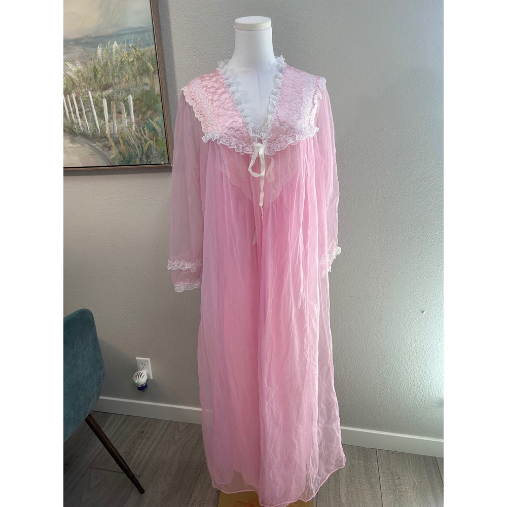 Vintage Pink Lace Peignoir Set Baby Doll & Sheer Robe Coquette‎ Fairycore Size S